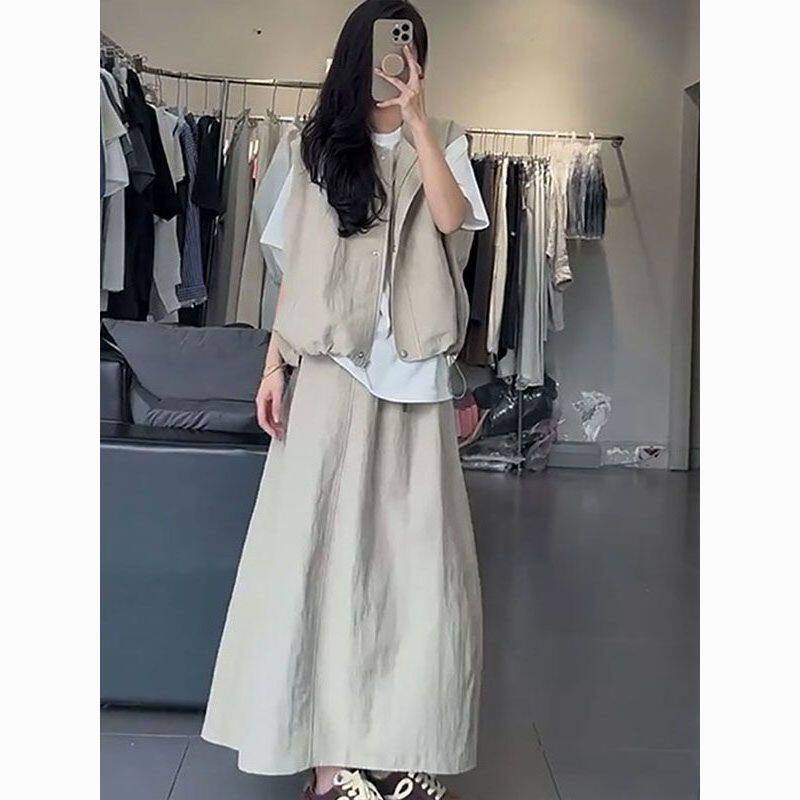 女生春季穿搭一整套工装休闲套装女T恤马夹a字高腰