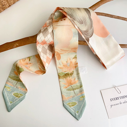 山河荷花中国风长条丝巾发带女古风绑发包包丝带细窄飘带装饰领巾