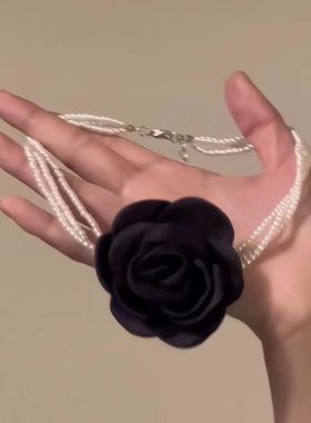 法式黑色立体玫瑰珍珠choker复古港风高级夸张花朵设计气质锁骨链