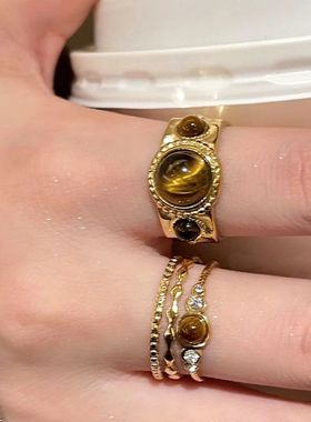 欧美虎眼石戒指女款美拉德中古小众设计高级感复古双层食指戒指环