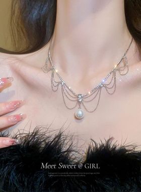 「名媛本色」法式蕾丝珍珠流苏项链气质轻奢高级设计感小众锁骨链