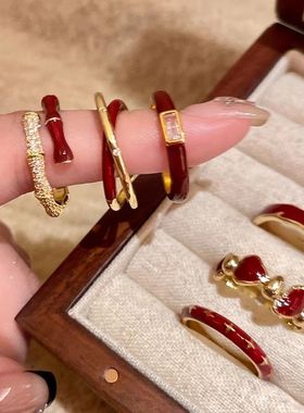 红色安可拉滴釉戒指女款轻奢ins小众设计高级感复古显白食指戒指