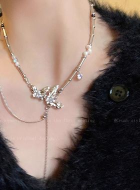 蝴蝶珍珠流苏项链女款ins小众设计感高级配饰时尚个性辣妹卫衣链