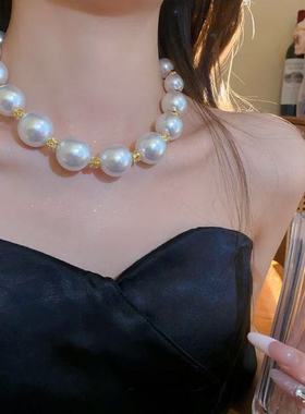 大珍珠项链时尚奢华珍珠锁骨间隔水钻项链韩国晚礼服配饰高级感