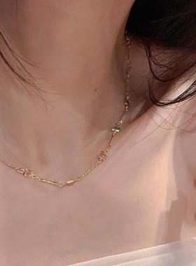 2024年方形彩色宝石细锁骨链夏天项链轻奢小众感颈链女款