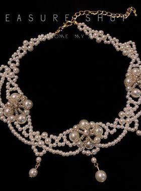 古堡公主-复古巴洛克宫廷风小珍珠镶钻流苏多层仙气锁骨链choker