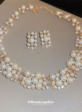 镶钻珍珠长方形耳钉项链两件套法式复古宫廷风颈链轻奢高级感项饰