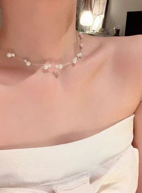 韩系双层珍珠满天星项链女高级感轻奢小众颈链配饰锁骨链choker