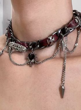 chocker缠绕铆钉金属皮革项圈克罗朋克爱心少女y2k亚文化小众项链