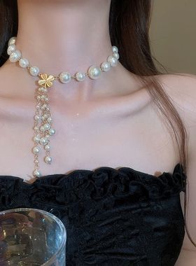 四个叶子的草珍珠款流苏项链女2024新款轻奢高级感锁骨链个性颈饰