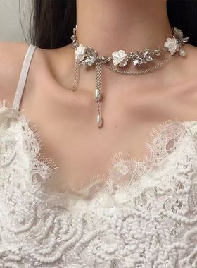 法式白色花朵蝴蝶珍珠流苏项链女轻奢小众高级感choker锁骨链颈链