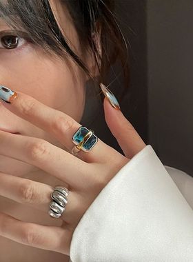 爆款蓝极皓影925纯银戒指女方形蓝宝复古做旧简约ins潮开口食指环