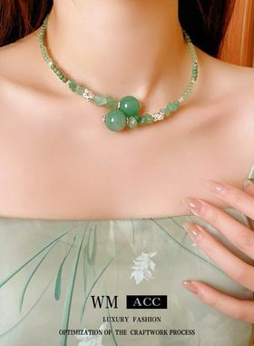 新中式串珠莲花玉石项圈国潮个性设计感锁骨链古风小众高级感项饰