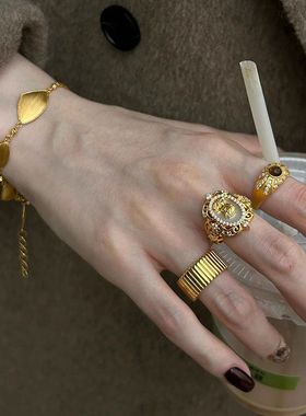 虎眼石油画美人蕾丝戒指女轻奢宫廷风复古气质百搭叠戴食指戒指环