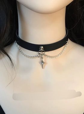 原创四芒星十字吊坠颈环choker项圈y2k辣妹朋克复古暗黑皮质颈链