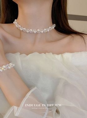 镶钻珍珠爱心项链时尚款颈链女2022年新款潮夏季小众高级感配饰品