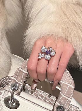 重工璀璨花朵戒指女ins轻奢紫色锆石开口食指戒百搭高级质感指环