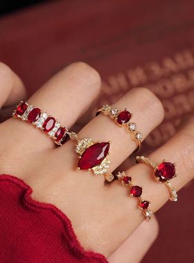 闪耀酒红色戒指女款轻奢小众高级感精致宫廷风气质百搭食指戒指环