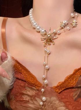 哥特女王~绝杀复古夸张辣妹珍珠流苏拼接项链长款礼服拍照配饰新