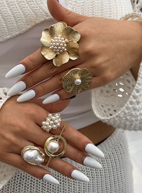 欧美夸张金属风花朵戒指时尚复古开口戒指个性高级感新款手饰女款