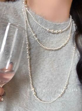 多层叠戴珍珠项链米白女新款爆款锁骨链高级感百搭秋冬长款毛衣链