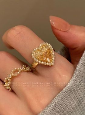 元气慵懒风~法式高级温柔破碎感水晶爱心珍珠叠戴戒指女ins指环潮