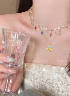 彩色土星锆石项链女2025新款小众高级感锁骨链时尚轻奢爆闪配饰