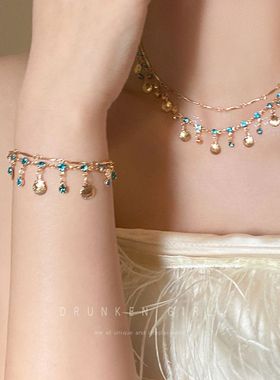 复古贝壳双层流苏项链女vintage中古项链波西米亚民族风项链