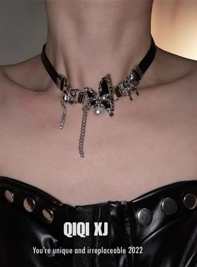设计款颈链欧美式辣妹黑色蝴蝶项链y2k锁骨颈链chocker项圈皮质女