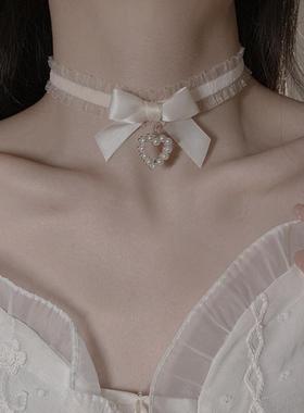 网红纯欲风可爱Lolita黑色酒红蝴蝶结爱心项圈项链choker锁骨链女