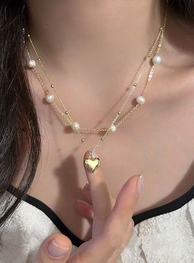 双层爱心珍珠项链2024年新款女春夏气质百搭锁骨链轻奢高级感配饰