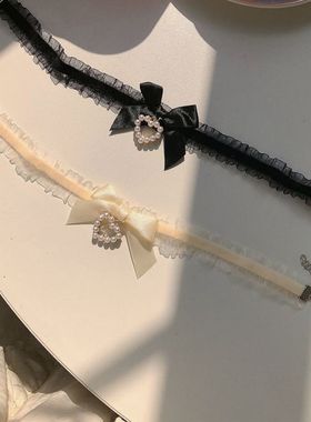 小众纯欲可爱风黑色酒红蝴蝶结爱心短款项圈项链choker锁骨链女