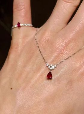 2025新款钛钢鸽血红水滴锆石项链戒指镶钻轻奢高颜值小众个性高级