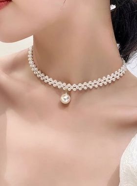 仿珍珠编织颈链项链气质高级新款赫本时尚项圈设计锁骨发完