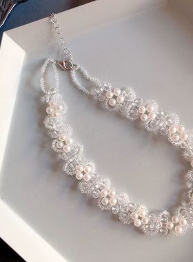 网红复古法式超仙女珍珠花朵choker颈带优雅锁骨颈链水晶圈米X05