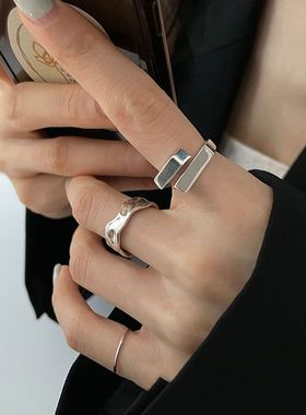 925纯银方块复古开口食指戒指女时尚个性小众设计冷淡风ins潮指环