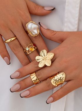 计感液态熔岩花朵开口戒指 ins巴洛克仿珍珠镶宝石指环