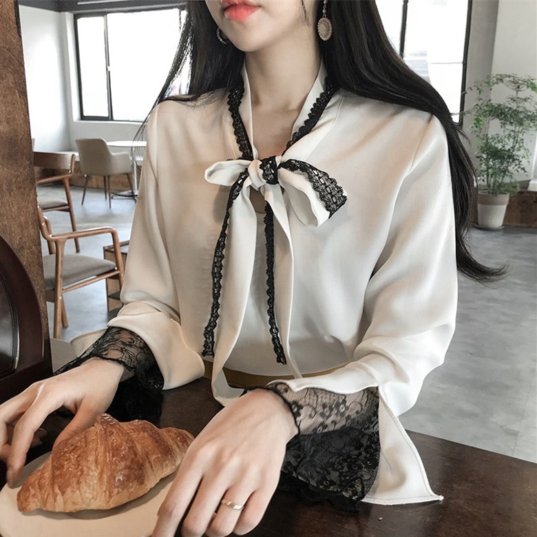 小众设计感喇叭长袖衬衫蝴蝶结雪纺衫蕾丝边打底小衫白色衬衣女