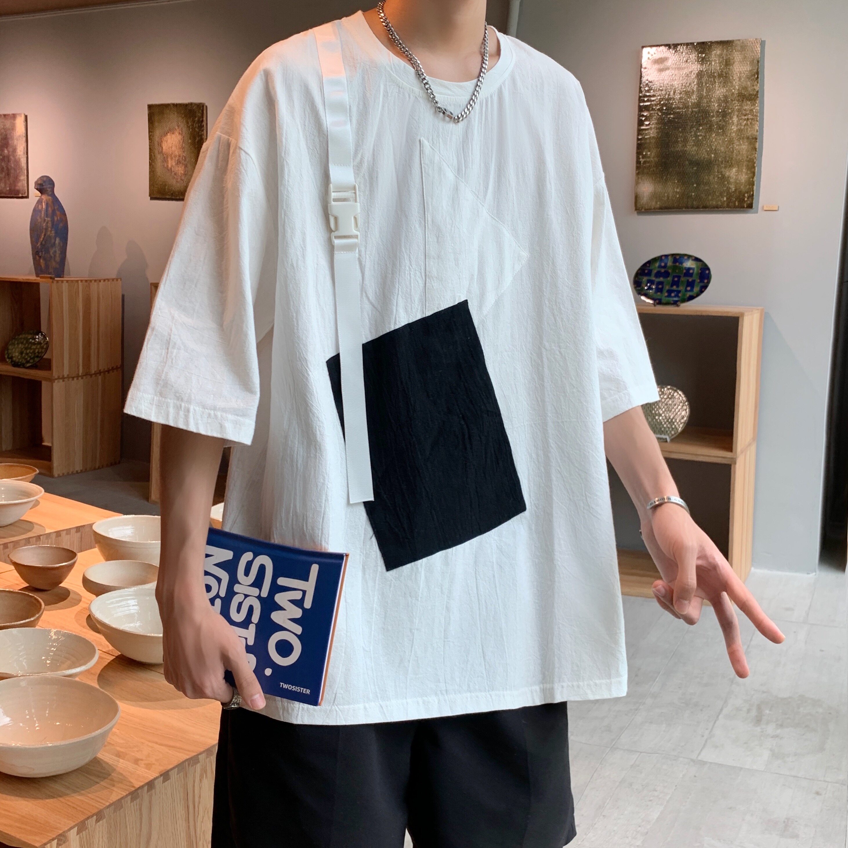 T恤男夏季潮牌拼接撞色oversize高街原宿宽松半袖上衣服T86,男装T恤,星座308B-2