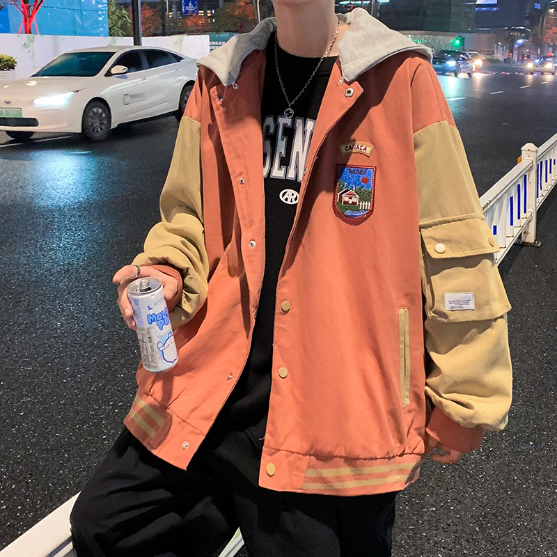 棒球服男春秋潮牌宽松拼接夹克港风潮流连帽休闲上衣JK0B10-P55,男装夹克,星座308B-2