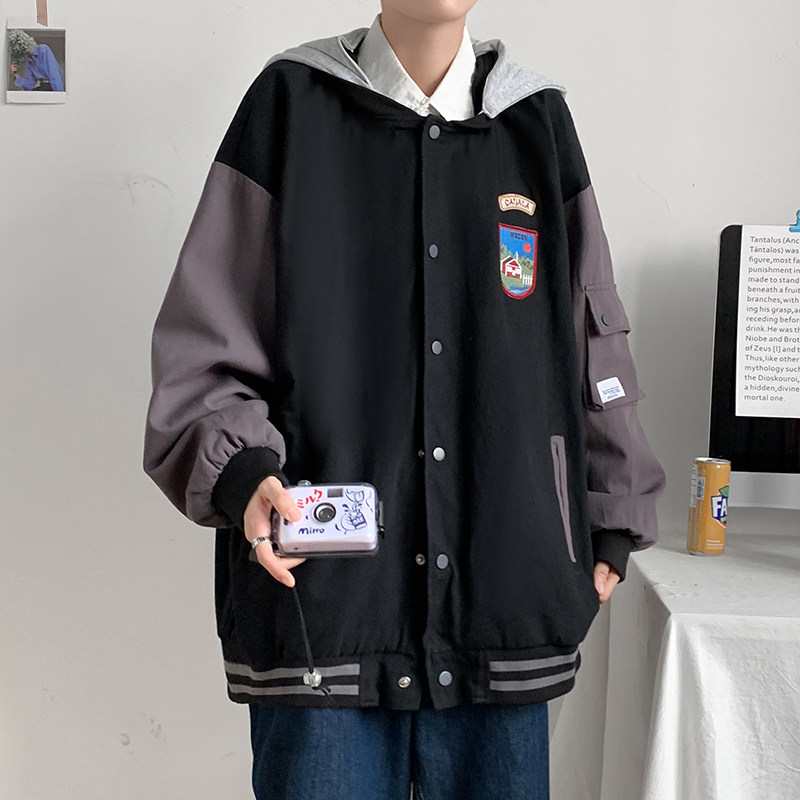 棒球服男春秋潮牌宽松拼接夹克港风潮流连帽休闲上衣JK0B10-P55,男装夹克,星座308B-2