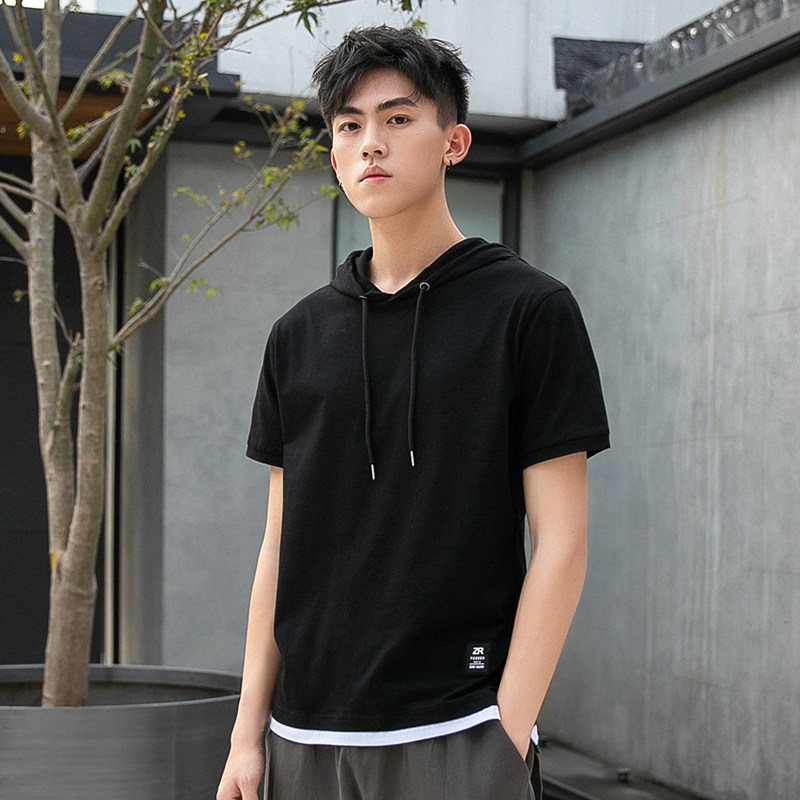 连帽短袖t恤男宽松潮流带帽健身运动韩版青少年大码卫衣T338,男装T恤,星座308B-2