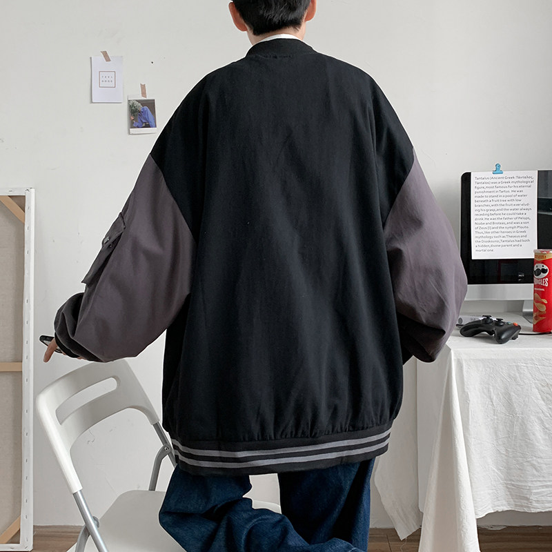 棒球服男春秋潮牌宽松拼接夹克港风潮流连帽休闲上衣JK0B10-P55,男装夹克,星座308B-2