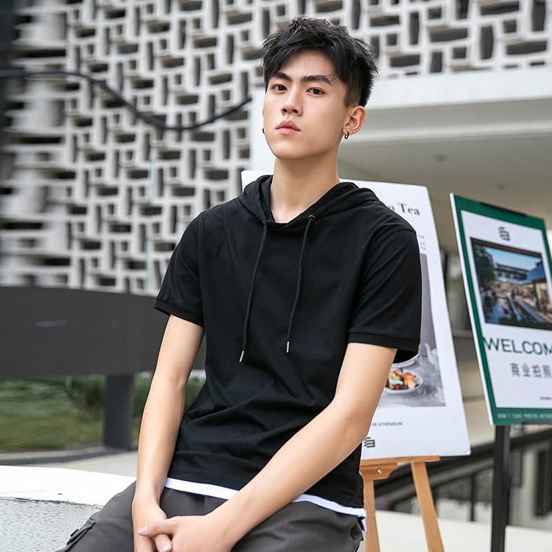 夏季百搭连帽短袖t恤男潮流带帽运动嘻哈上衣帽衫T338-P30,男装T恤,星座308B-2
