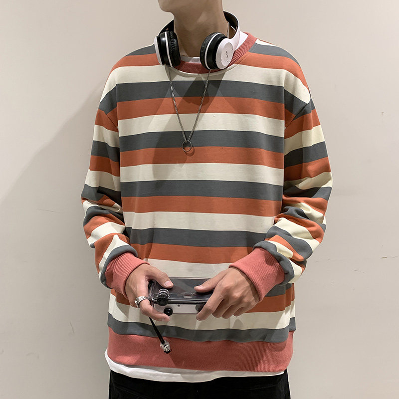 春秋卫衣男士圆领长袖宽松条纹上衣情侣百搭ins港风WY049图片