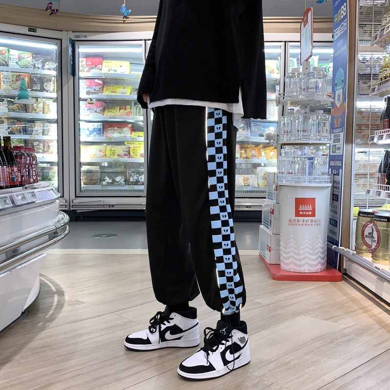 棋盘格卫裤ins潮初秋甜酷炸街运动风束脚长裤K01913-P35,男装休闲裤,星座308B-2