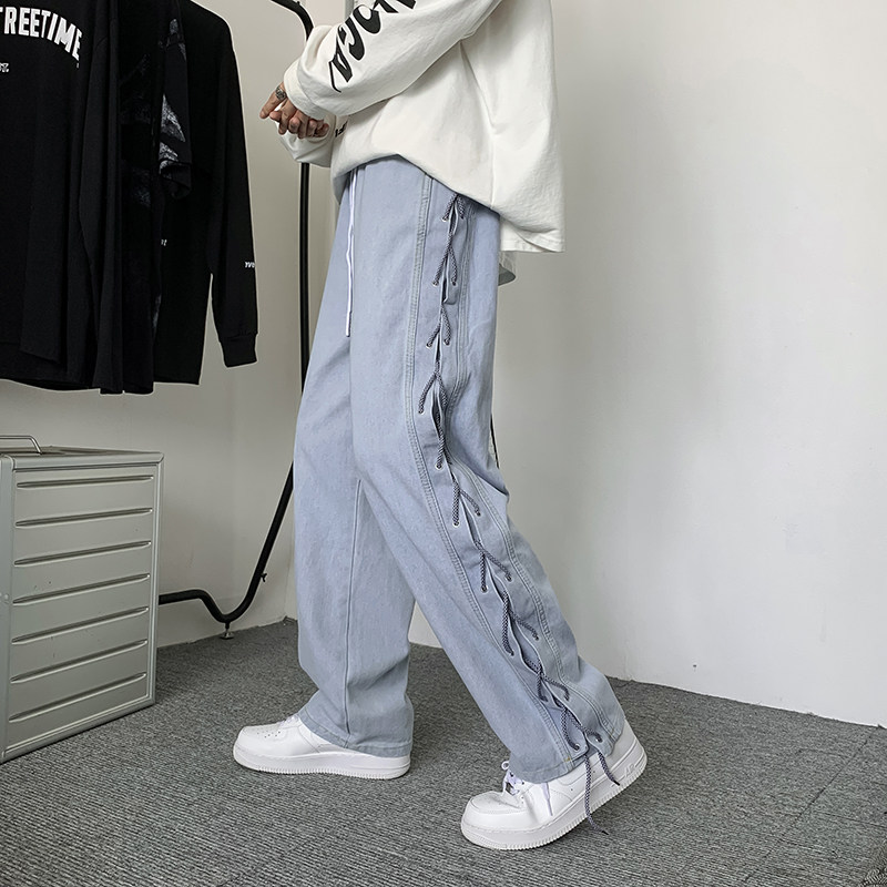 美式炸街牛仔裤秋新款阔腿烟管长裤设计感绑带嘻哈潮N088-P55,男装牛仔裤,星座308B-2