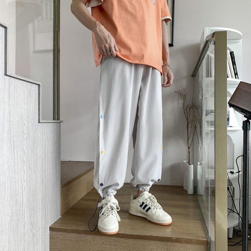 夏季薄款冰丝休闲裤男韩版直筒排扣裤九分抽绳束脚裤图片