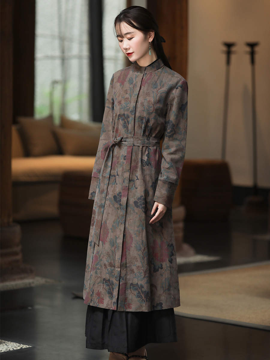 素履可往 真丝绢纺香云纱风衣外套桑蚕丝老料中式长袖连衣裙新款