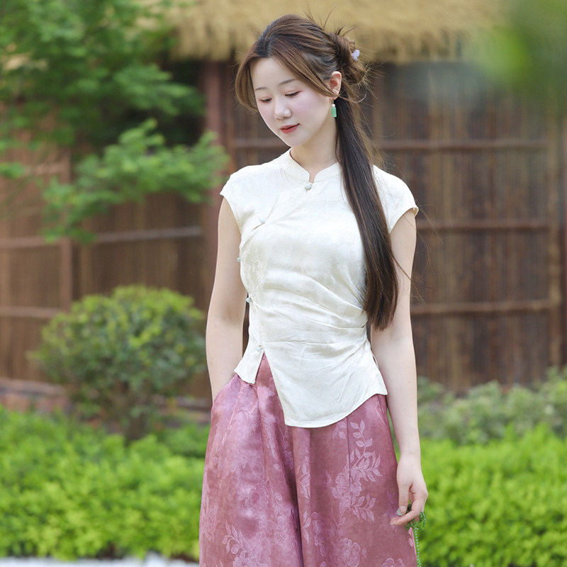 柑香素染 白露真丝提花丝麻上衣新中式改良旗袍女25夏女衬衫答谢